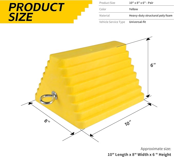 MaxxHaul 51169 Polyfoam Wheel Chocks with Steel Eyebolt – 2-Pack – 10″ × 8″ × 6″ Heavy-Duty Structural Foam – Bright Yellow – Vehicle & Trailer Safety for Cars, Trucks, RVs, Boats, ATVs