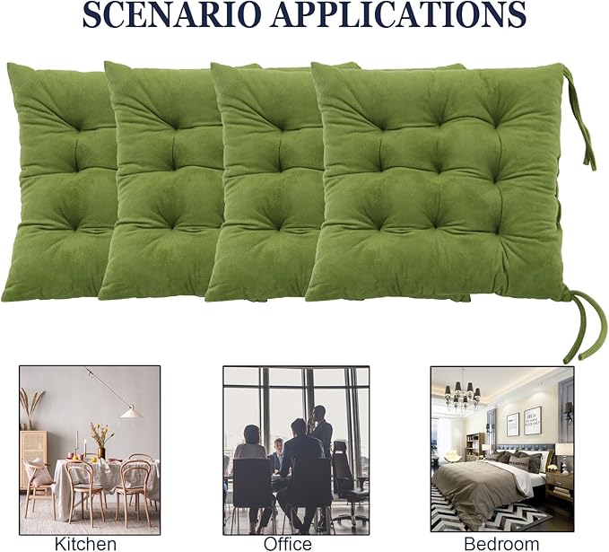 Set of 4 Chair Cushions for Dining Chairs with Ties, Indoor Non-Slip Kitchen Chair Pad and Dining Room Seat Cushion Mat for Office Living Room Outdoor 15.5" - Green