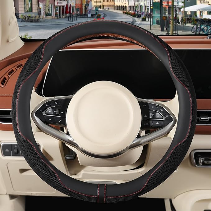 Nappa Leather Steering Wheel Cover, Advanced Microfiber Leather Non-Slip Breathable Fabric, Warm in Winter and Cool in Summer, Black Large 15.5 inch to 16 inch