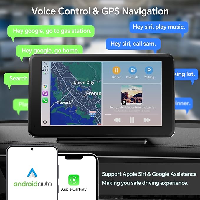 Wireless CarPlay & Android Auto Car Stereo - 7" HD Portable Touchscreen with Bluetooth 5.2, GPS Navigation, Mirror Link, 1080P Backup Camera, AUX & FM Transmitter - Plug & Play Receiver for Vehicles