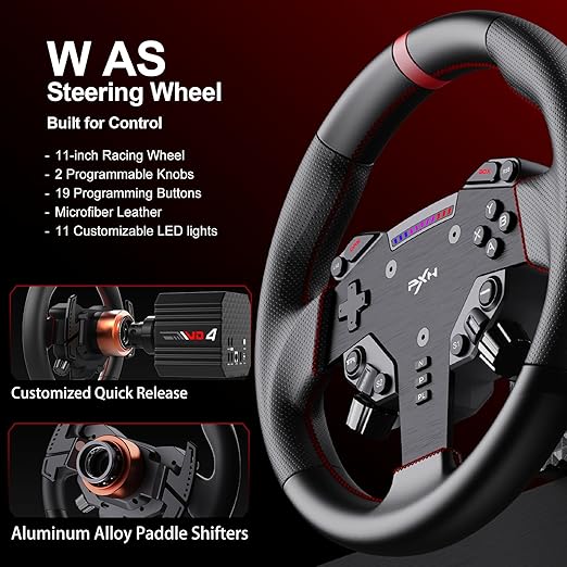 PXN VD4 Bundle F – PC Sim Racing Setup with 4Nm Direct Drive Servo Motor Base, 11-Inch W AS Racing Wheel & PD HM Brake & Throttle Pedals – Force Feedback Steering Wheel for PC Windows 7–11