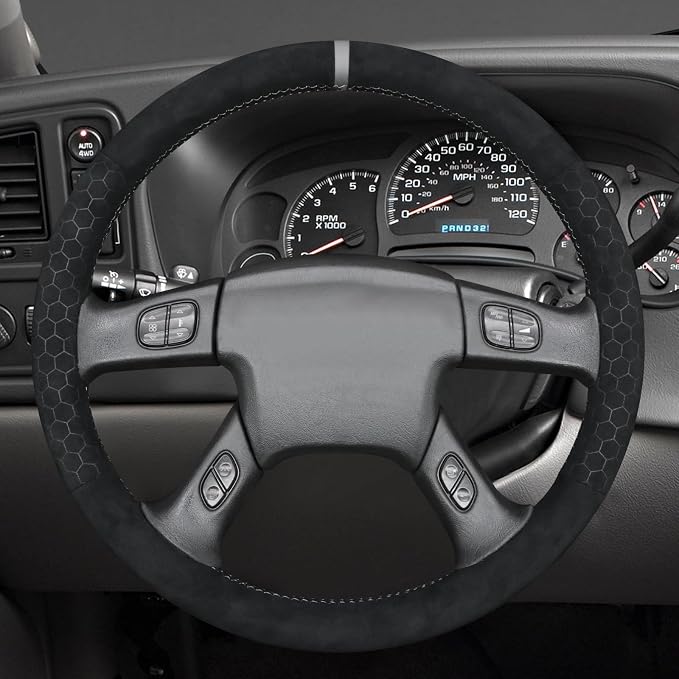 MEWANT Suede Steering Wheel Cover for Chevy Silverado 1500 2003-2006 DIY Hand-Stitched Non-Slip Grip Black Embossed Wrap