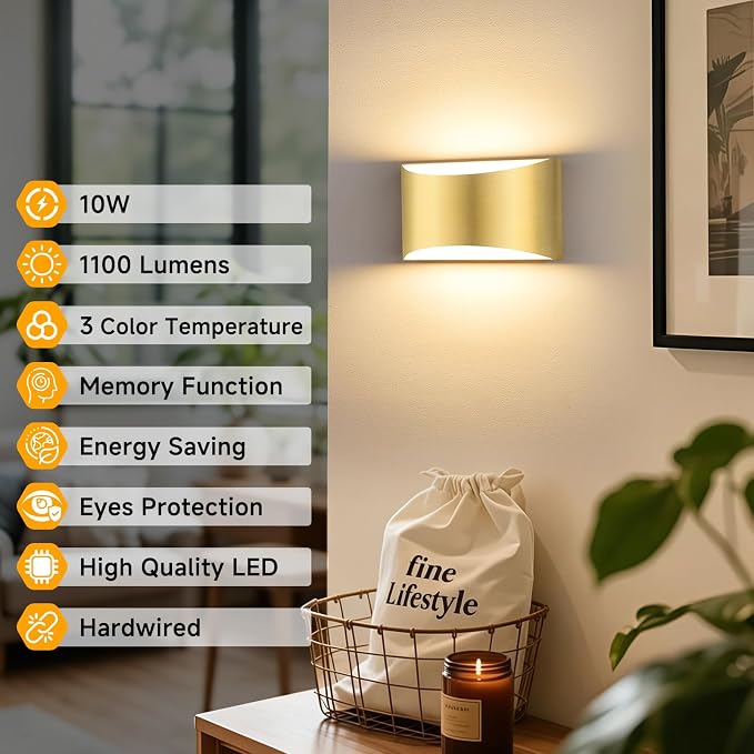 MATAMEYE Modern LED Wall Sconce Set of 2, Gold Indoor Wall Lighting Fixture with 3 Colors Temperatures, 10W Up/Down Hardwired Wall Mount Lamp for Bedroom Living Room Hallway