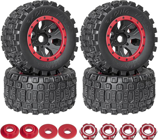 1/5 RC Tires and Wheels for Traxxas 1/5 X-MAXX 8S Arrma 1/5 Kraton 8S 1/5 Outcast 8S, RC Monster Truck Tires 24mm Hex Wheels (4PCS, Red)