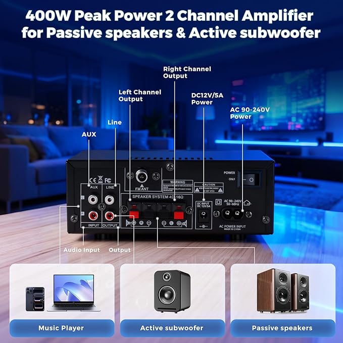 Romicta AK50MAX Stereo Audio Amplifier, Home Audio Stereo Receiver Bluetooth 5.0 with 400W 2.0 Channel FM Radio, Echo, USB, SD Card, AUX with Remote Control Home Theater Audio Stereo System