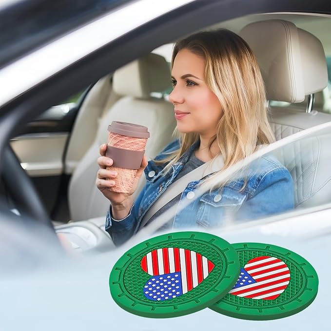 AUCELI 4 Pack Car Cup Holder Coasters, Colored American Flag US Flag Insert Car Cup Coaster, 2.75 Inch Anti Slip Shockproof Embedded Drink Mat, Vehicle Interior Decor Accessories