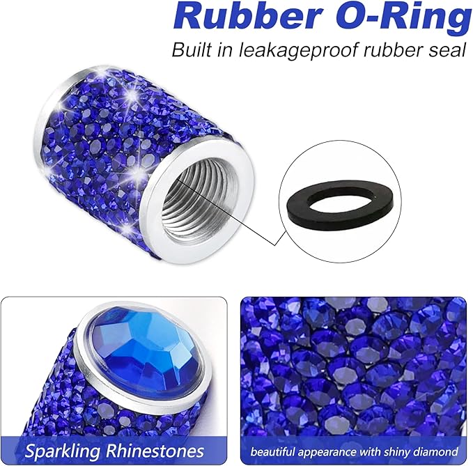 Alpmosn Car Wheel Tire Valve Caps, 4 PCS Bling Tire Valve Caps, Crystal Tire Caps Shinny Rhinestone for Women, Universal Car Dustproof Tire Valve Caps for Cars, Trucks, SUV and Motorcycles (Blue)