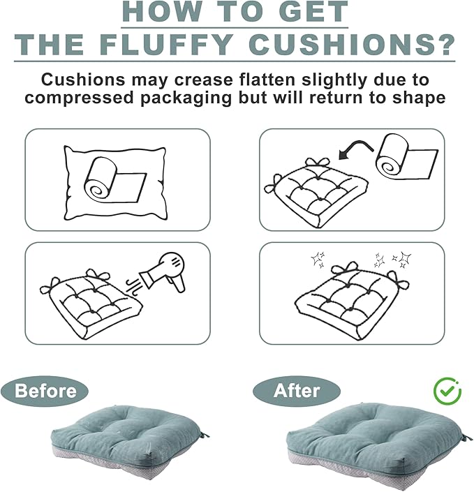Battilo Chair Cushions Set of 4 for Dining Chairs, Seat Cushions for Kitchen Chairs with Non-Slip Backing, Indoor/Outdoor Waterproof Chair Seat Pads with Ties, 15.5"x15.5"x4", Grayish Blue