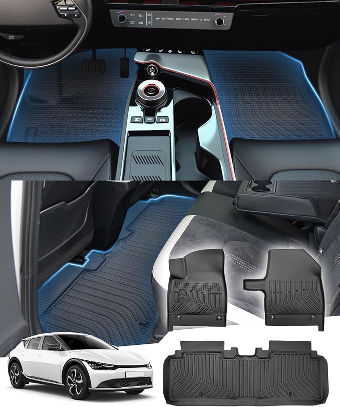 Sunsdrew Floor Mats for 2022-2024 Kia EV6 Accessories, All Weather Floor Liners Front Rear 2 Rows Car Mats TPE Rubber Raised Edge