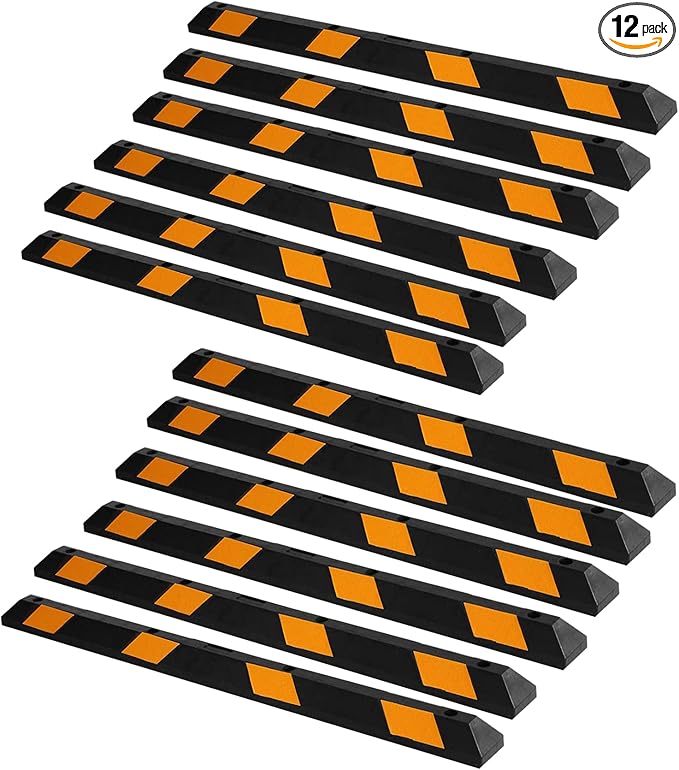 ZONETECH Parking Stopper for Garage Heavy Duty Rubber Parking Curb Stops 72” Garage Parking Stops 12-Pack Premium Quality Garage Wheel Stop Professional Grade w/Yellow Reflective Tape Bolts Included