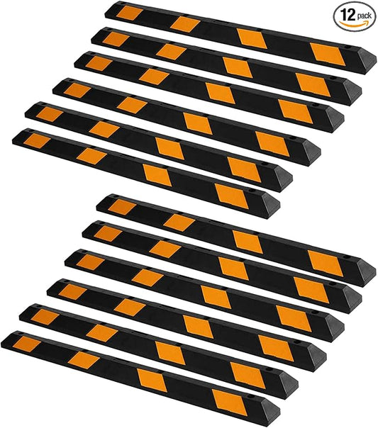 ZONETECH Parking Stopper for Garage Heavy Duty Rubber Parking Curb Stops 72” Garage Parking Stops 12-Pack Premium Quality Garage Wheel Stop Professional Grade w/Yellow Reflective Tape Bolts Included