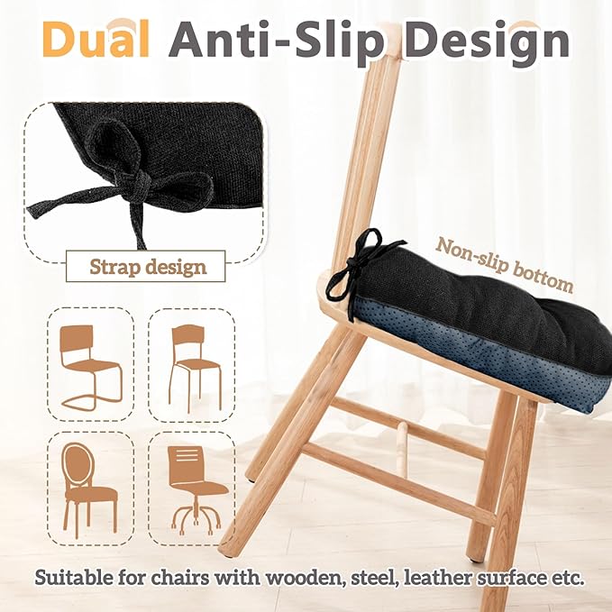 MAGIC ELEPHANT Chair Cushions for Dining Chair, Shredded Memory Foam Kitchen Chair Cushions Set of 4, Non-Slip Thick Dinning Room Chair Pads Seat Cushions, 15.5" x 15.5" x 4" (Black)