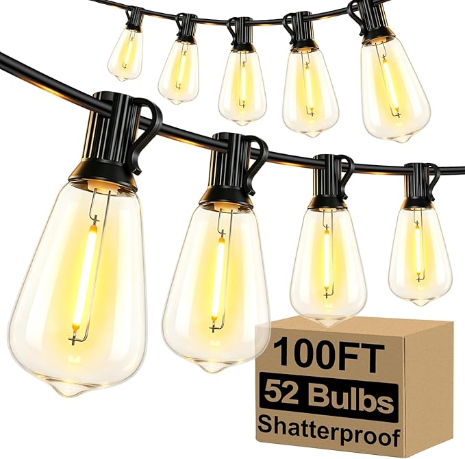 Brightever LED Outdoor String Lights 100FT Patio Lights with 52 Shatterproof ST38 Vintage Edison Bulbs, Outside Hanging Light Waterproof for Porch, Deck, Garden, Backyard, Balcony, 2700K Dimmable
