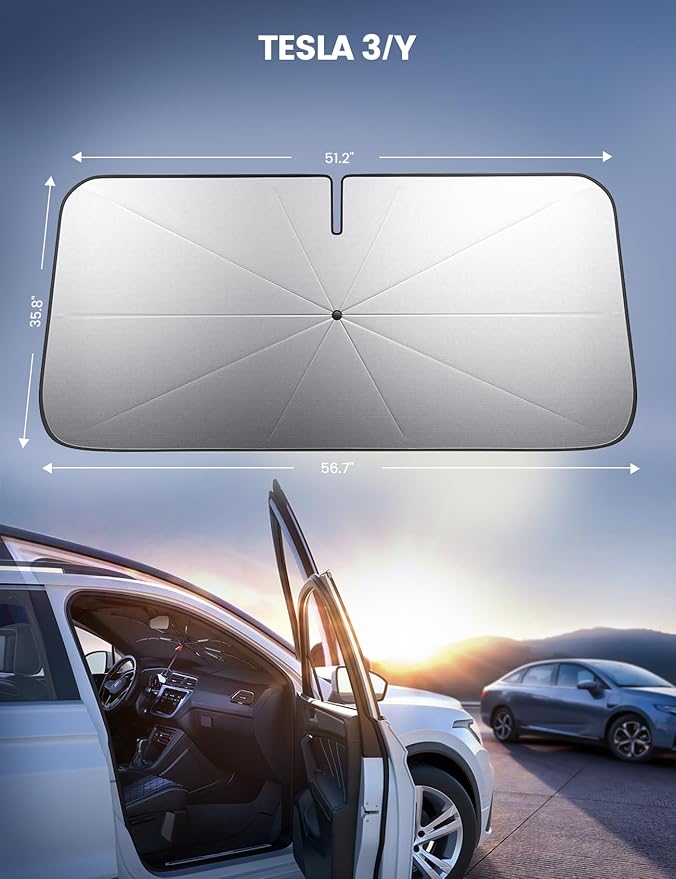 Tesla Model 3/Y Windshield Sunshade - 2026 Foldable Car Windshield Sun Shade Umbrella, 5-Layer UV Block, 10-Rib Frame, for Tesla Model 3/Y (2017-2026) Interior Sun Protection, Tesla Accessories