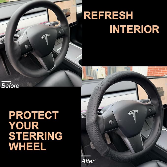 PINCTROT Supported Grip Nappa Leather Steering Wheel Cover for Tesla Model Y/3 Highland/Juniper, D Shaped 14 Inch Small Sized with Breathable Perforation, Flat Bottom 14 Inch(Black)