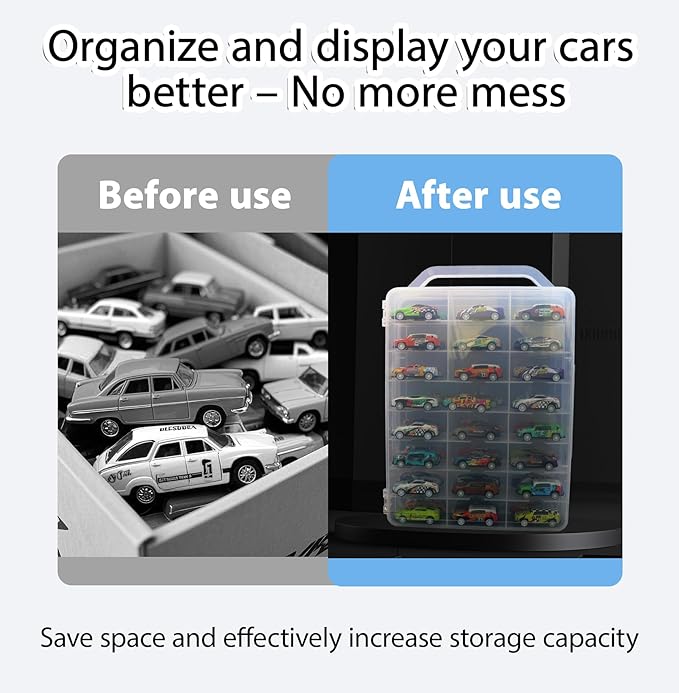 Adevar Double Sided 1/64 Scale Toy Car Storage Case Compatible with Matchbox Car Hot Wheels Storage Case,46 Slot Transparent Organizer for 48 Toy Cars,Case Only