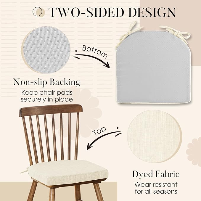 Basic Beyond Chair Cushions for Dining Chairs 6 Pack, Kitchen Chair Cushions with Ties and Non Slip Backing, 16 x 16 inches Chair Pads for Dining Chairs (Beige)