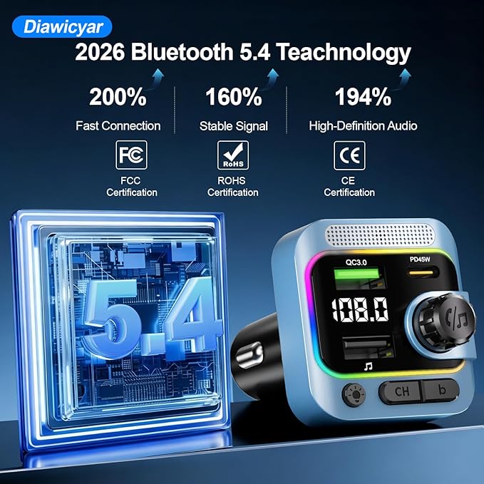FM Transmitter Bluetooth Car Adapter - 63W Wireless Radio FM Bluetooth Transmitter with Deep Bass Player for Old Cars [PD 45W & QC3.0], Car Charger USB C Fast Charge, Hands-Free Calling, Blue
