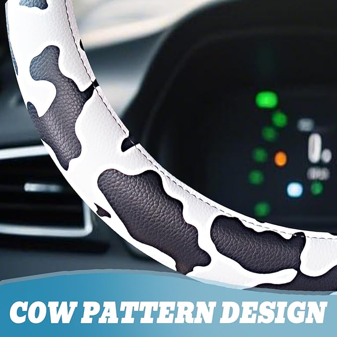 Universal Steering Wheel Cover Women 14.5-15 inch car Accessories Cow Print Western Leather Anime Black and White Cute Wheel Cover Anti-Slip Car Protecter for Men