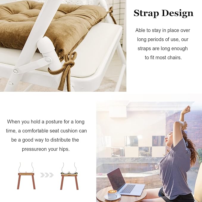 Set of 4 Square Chair Pads Indoor Seat Cushions Pillows with Ties Soft Comfortable Non Slip Chair Mat for Kitchen Dining Office Desk Living Room Outdoor Tatami 15.5" - Khaki