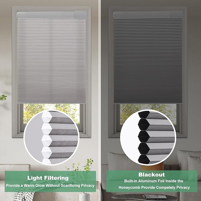 Tonature No Drill Cellular Shades for Indoor Windows, Thermal Insulating & Noise Reducing Honeycomb Blinds, Free Stop Cordless Blackout Shades, Grey,72 1/2" W x 64" H