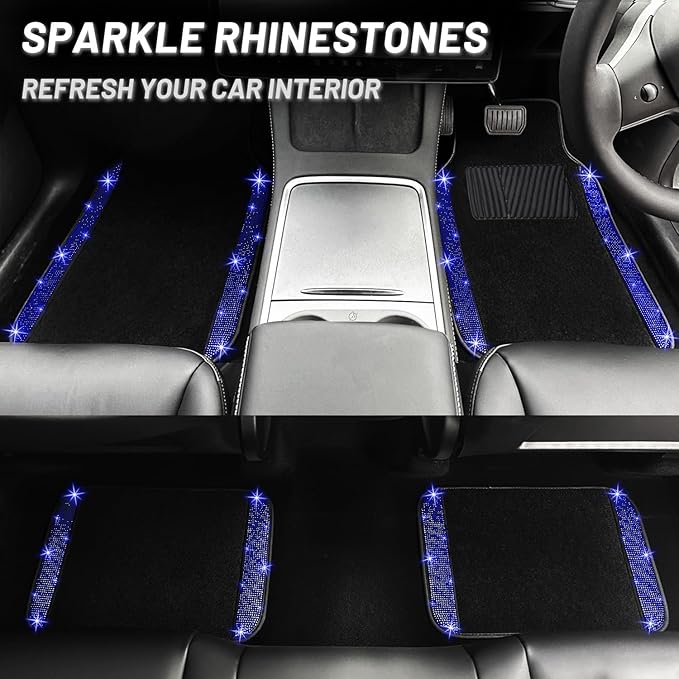 NBTEPEM 12 Pcs Bling Car Accessories Set for Women Car Floor Mats Full Set Steering Wheel Cover Seat Belt Covers Coasters Universal Fit Car SUV Truck Van Blue