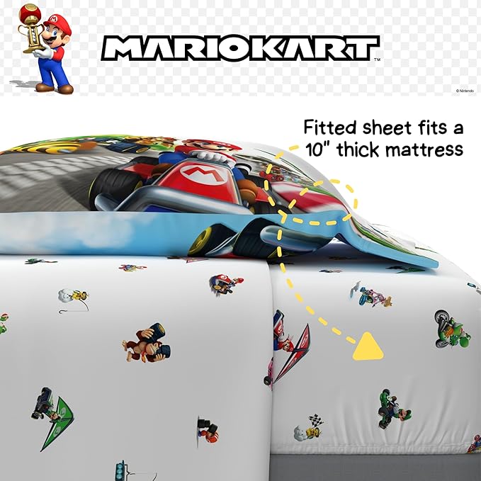 Super Mario Kart Game Kids Bedding Set, Twin Size, 4-Piece Super Soft Cozy Reversible Comforter & Sheet Set (Officially Licensed Product) by Franco | Durable, Reversible, Officially Licensed