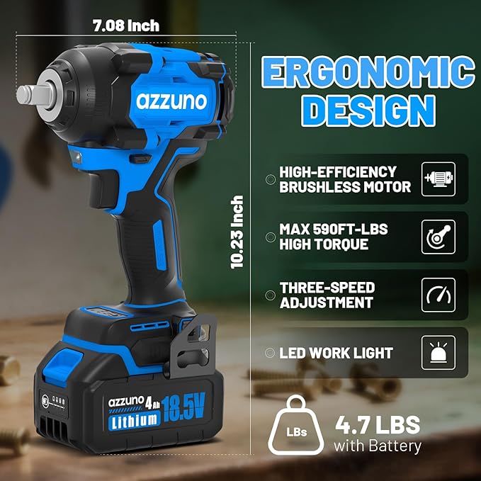 AZZUNO Brushless 1/2 inch Electric Cordless Impact Wrench, 800N.m (590 Ft-lbs), High Torque Electric Wrench, 2x 4.0Ah Battery, Charger & 4 CR-V Sockets, Tool Case
