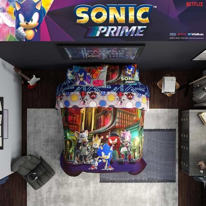 Sonic The Hedgehog Prime Anime Kids Bedding Super Soft Comforter and Sheet Set, 5 Piece Full Size, (Officially Licensed Product) by Franco