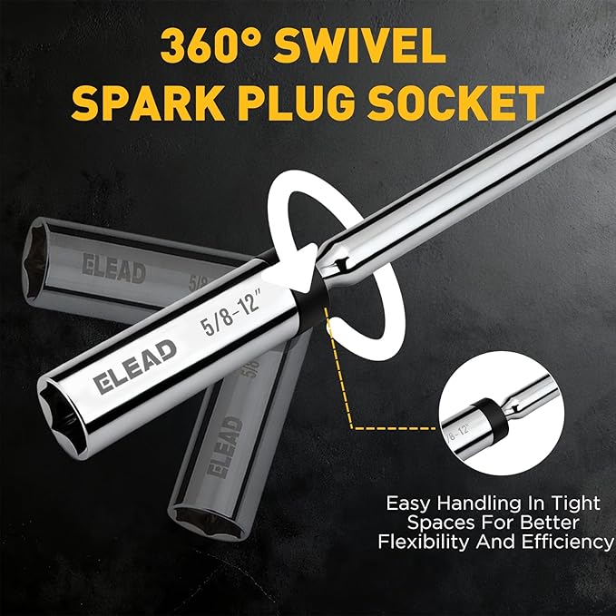 ELEAD 5/8" Swivel Magnetic Spark Plug Socket, 3/8" Drive x 12" Total Length, Thin Wall Spark Plug Removal Tool, 360 Degree Swivel, Enhanced Magnetic, 6-Point Design, Cr-V Steel