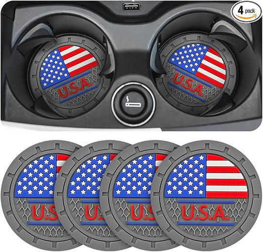 AUCELI 4 Pack Car Cup Holder Coasters, Colored American Flag US Flag Insert Car Cup Coaster, 2.75 Inch Anti Slip Shockproof Embedded Drink Mat, Vehicle Interior Decor Accessories