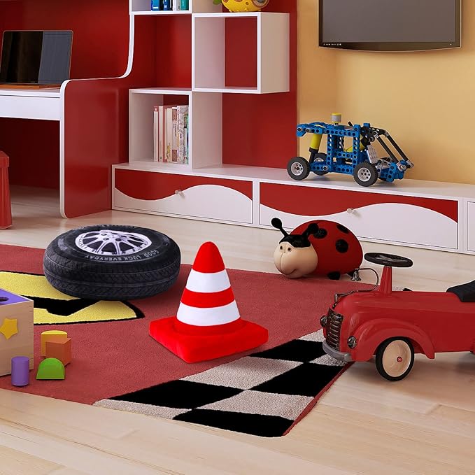 Woanger 2 Pcs Race Car Room Decor Racing Plush Throw Pillow Set Gift 15.7 Inch Soft 3D Simulation Wheel Pillow Funny Tire Cone Traffic Light and Stop for Valentines Bedroom Decorations(Traffic Cone)