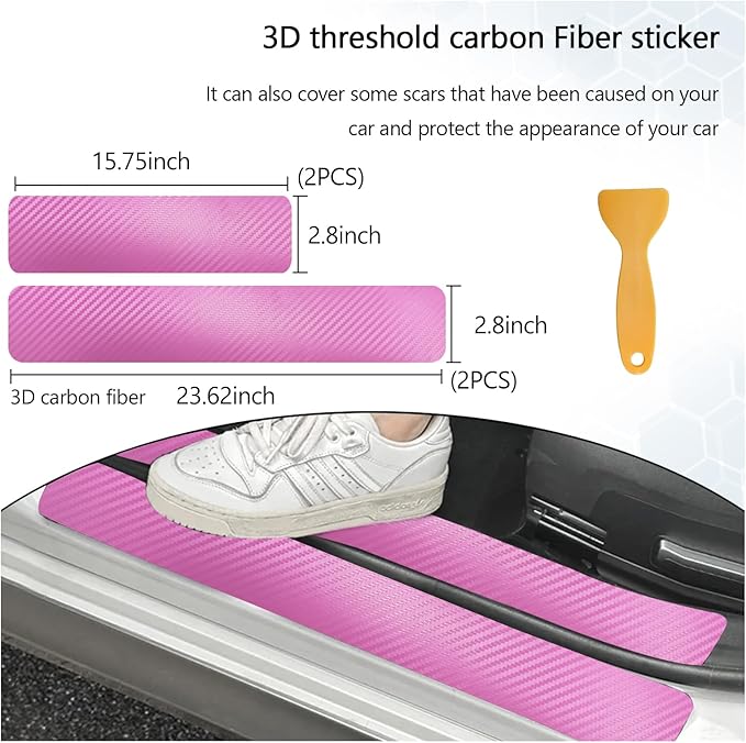 Dickno 4 PCS Car Door Sill Protector, 3D Carbon Fiber Auto Door Entry Edge Guard Protection Trim, Anti-Scratch Threshold Cover Strips, Sill Protection Sticker for Car SUV Truck (Pink)