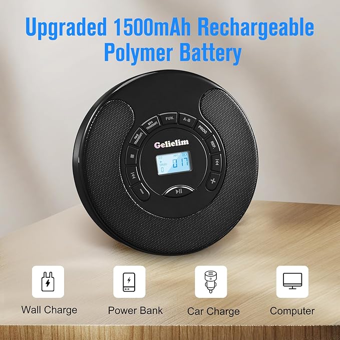 Gelielim Portable CD Player, CD Player for Car with Bluetooth and FM Transmitter, CD Music Player with Dual Stereo Speakers, Anti-Skip Protection, AUX/USB Port, 2000mAh Rechargeable Battery