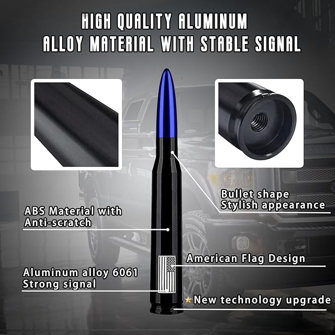 Car Truck Bullet Antenna with Valve Stem Caps, Universal Antenna Mast for GM Chevy Silverado 1500 2500 3500 HD Avalanche Ford F150 F250 F350 Denali Heavy Duty Pickup Trucks Accessories (Blue)