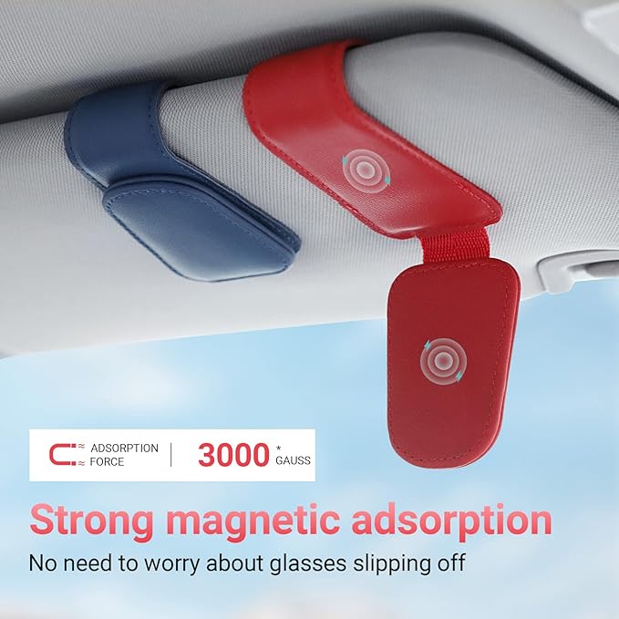KanSmart Sunglass Holder for Car Visor Sunglasses Clip Magnetic Leather Glasses Eyeglass Holder Interior Car Accessories for Woman Man - 2 Packs Red