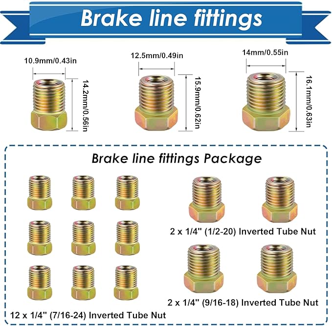 1/4Inch x 25 ft Brake Line Tubing Kit Flexible Zinc Coated Alloy Brake Line Tubing Coil with 16 Inverted Flare Fittings SAE Standard