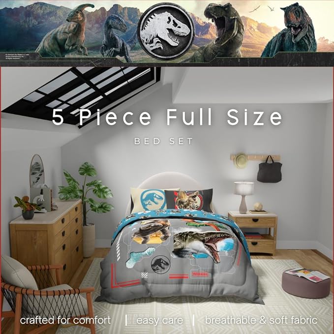 Jurassic World Rebirth Kids Bedding Super Soft Cozy Microfiber Comforter and Sheet Set, 5 Piece Full Size, (Officially Licensed Product) by Franco