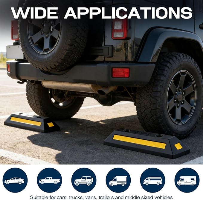 2-Pack Heavy Duty Rubber Parking Stoppers, Wheel Blocks with Reflective Stripes, Tire Stoppers for Garage, Truck, RV, Trailer, Van and Forklift, Car Parking Blocks for Garage Safety