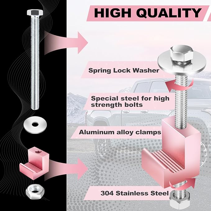 Upgraded Truck Tool Box Mounting Kit Comes with Fastening Nuts - Aluminum Pickup Truck Bed Toolbox Mounting Kit - Universal Truck Tool Box Tie Downs Accessories - J-Hooks Crossover Fixed Kit - Pink