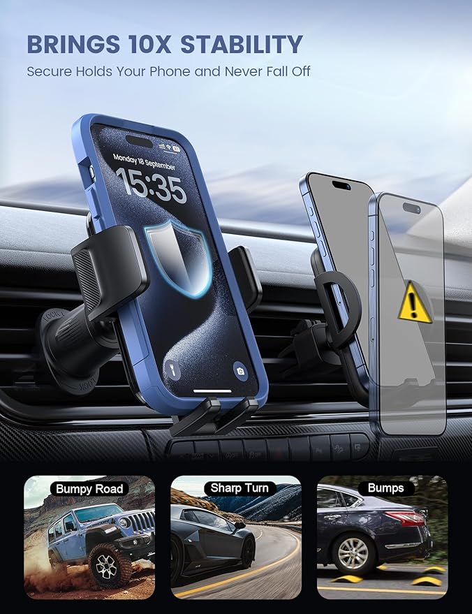 Lamicall 2026 Wider Clamp & Metal Hook Car Phone Holder Vent [Thick Cases Friendly] Phone Holders for Your Car Mount Automobile Hands Free Cradle Air Vent for iPhone 17 16 15 Pro Max Dark Grey