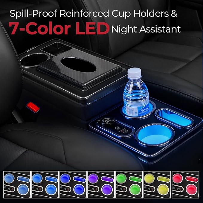 Center Console Between Seat Organizer for Minivans & SUVs - Tissue Box, Type-C & USB Fast Charge, 7-Color Ambient Light, Cup Holders, Middle Van Floor Console Storage Box (Black)