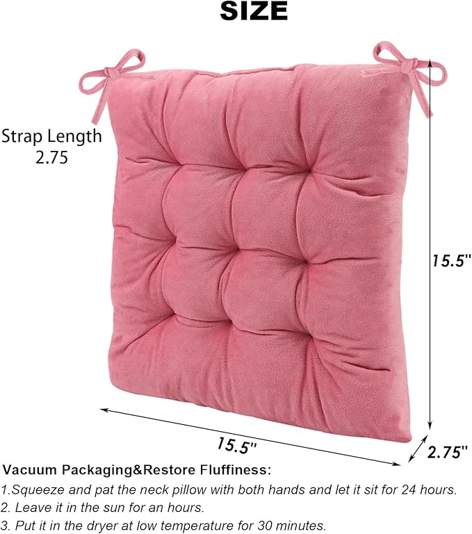 4 Pack Square Seat Cushion Chair Pads for Kitchen Dining Chairs, Soft Comfort Velvet Chair Mat Pillow Cushions with Ties for Office Desk Living Room Tatami 15.5", Pink