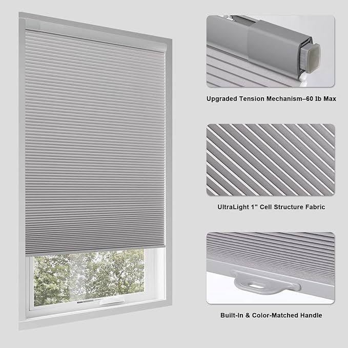 Tonature No Drill Cellular Shades for Indoor Windows, Thermal Insulating & Noise Reducing Honeycomb Blinds, Cordless Free Stop Blinds Light Filtering, Grey,31 1/2" W x 64" H