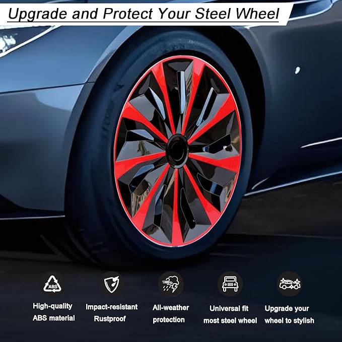 Hubcap Wheel Cover Replacement R15 Hub Caps Universal-Fit Steel Wheel Rim Cover ABS Material Exterior Accessories for Car Truck SUV -Set of 4（15-inch，Red-Black）