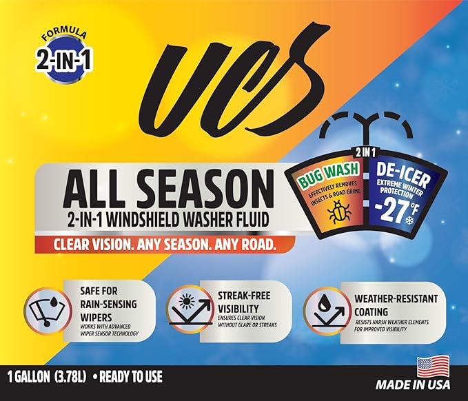 UCS Advanced All-Season Windshield Washer Fluid Winter Protection to -27F | 2-in-1 Bug Wash & Water Beading Technology | Streak-Free Visibility (1 Gallon)