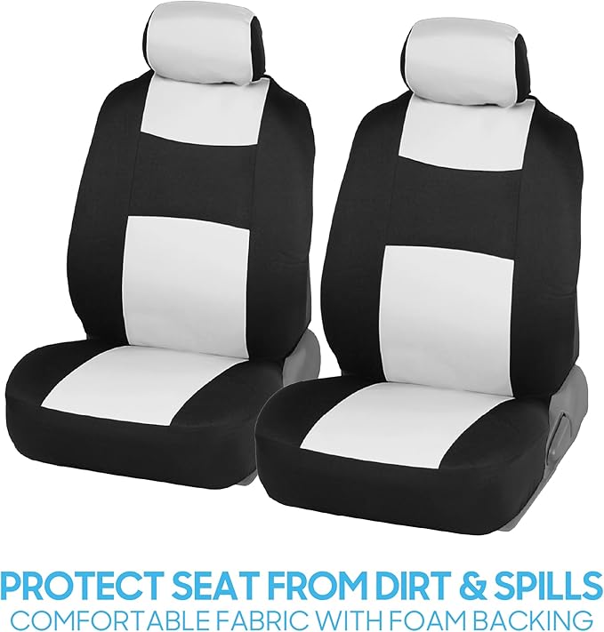 BDK PolyPro Car Seat Covers Full Set in White on Black, Front and Rear Split Bench Seat Covers for Cars, Easy to Install Car Seats Cover Set and Accessories for Auto Trucks Van SUV - White