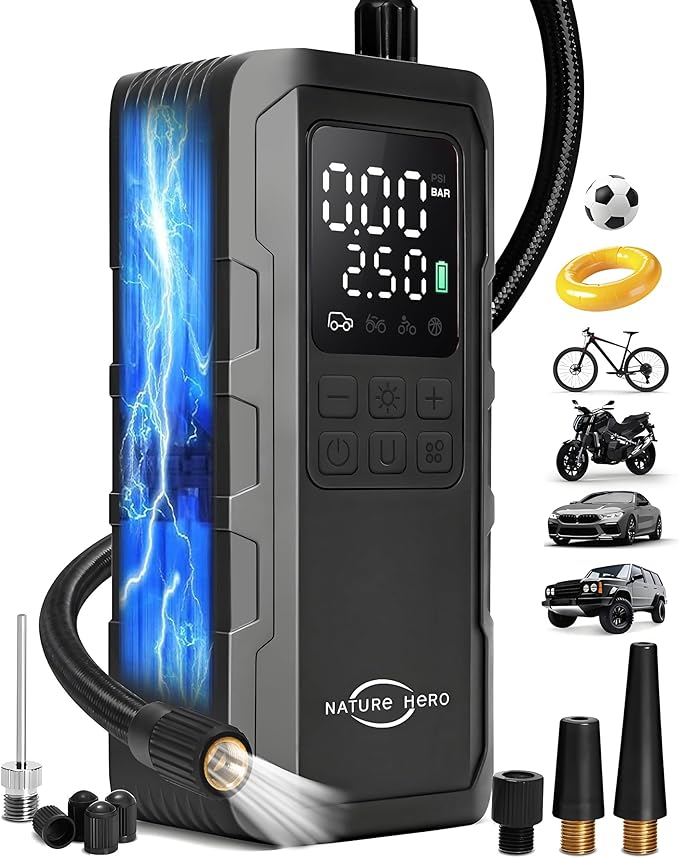 Tire Inflator Portable Air Compressor - 150PSI Cordless Portable Air Pump for Car Tires with Pressure Gauge & LED Lights - 3X Faster Tire Pump for Car, Motorcycle, Balls and Bicycle, Black