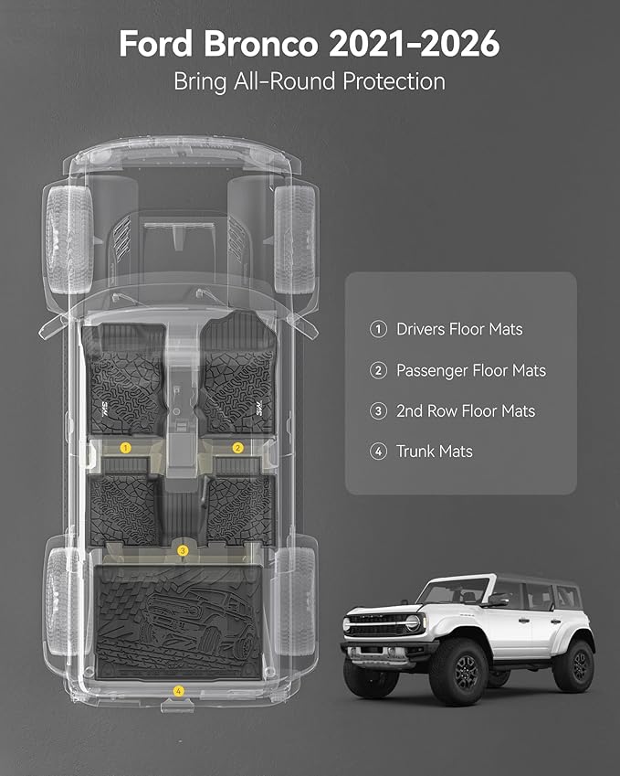 3W Floor Mats & Cargo Liner Fit for 2021-2025 2026 Ford Bronco 4 Door, TPE All Weather Custom Fit Floor Liner 1st 2nd Row and Full Set Trunk Mats, Black (Not for Bronco Sport & Rubberized Floor)