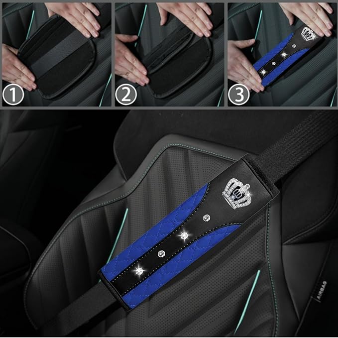 NBTEPEM 6 PCS Bling Car Accessories Set, Leather Steering Wheel Covers Universal 14.5-15 inch, Center Console Cover, Seat Belt Cushion, Cup Holder Coaster (Blue)